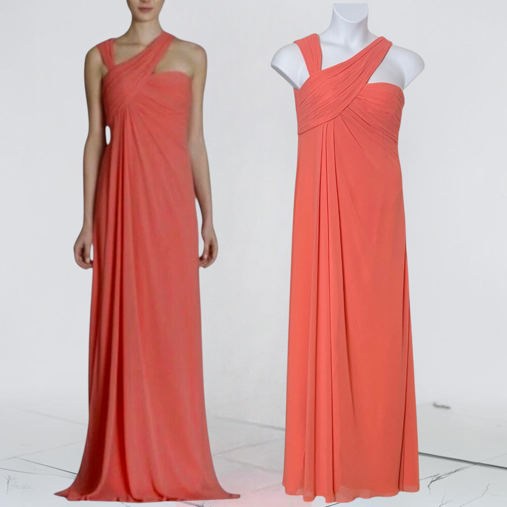 Monique Lhuillier Coral One Shoulder Formal Gown Sz 10 Wedding Guest Bridesmaid
